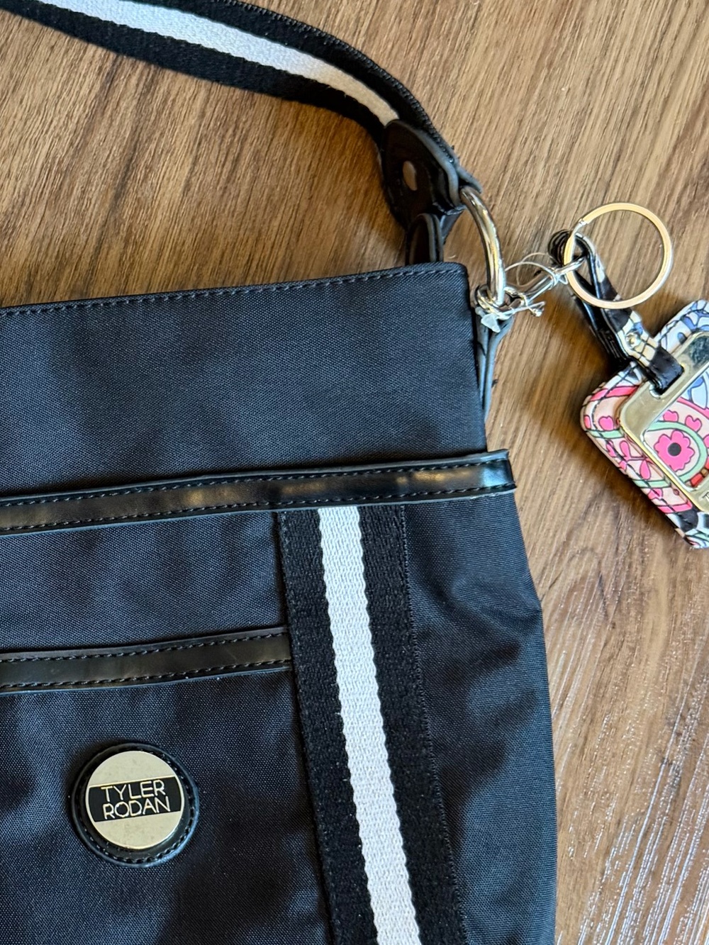 Tyler Rodan Black Crossbody Bag with White Striped Strap w/ matching keyring.